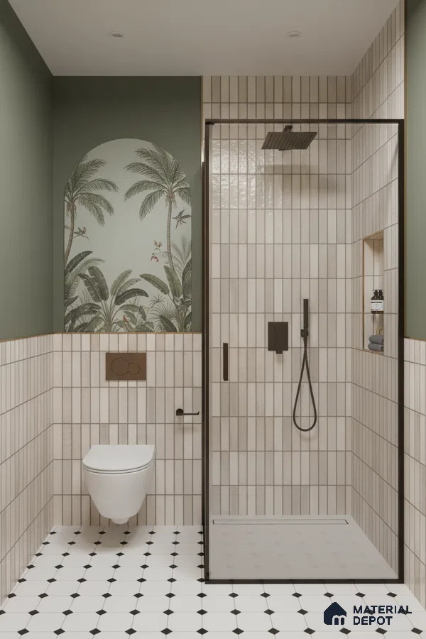 Modern bathroom with vertical beige subway wall tiles, tropical accent tile, and black-and-white geometric floor tiles | Material Depot
