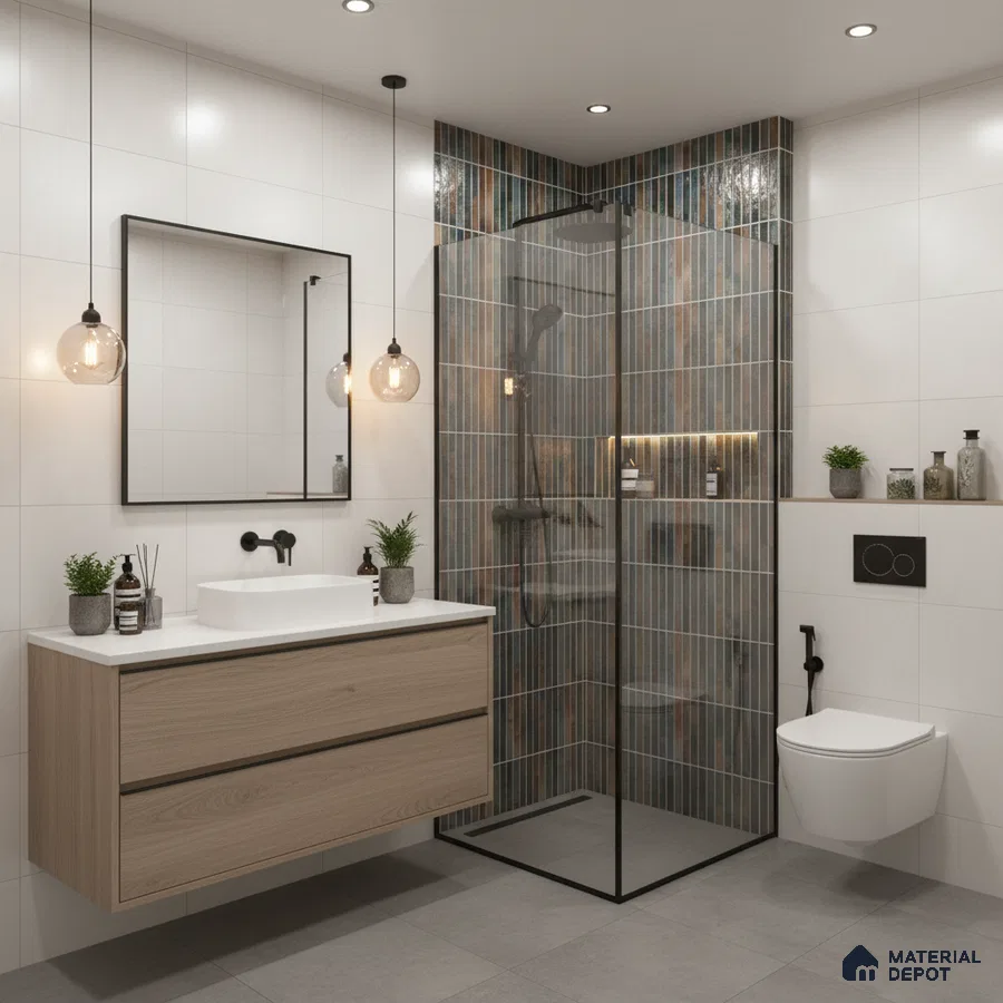 Modern bathroom with vertical kitkat highlighter tiles, light wood floating vanity, and matte grey floor tiles | Material Depot