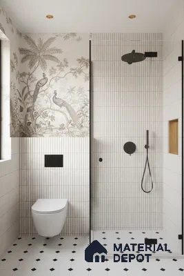 Modern bathroom with vertical kitkat wall tiles, monochrome peacock wallpaper, and white geometric floor tiles | Material Depot