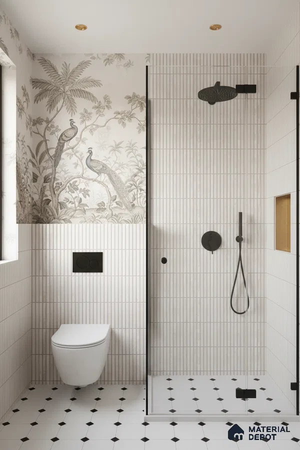 Modern bathroom with vertical kitkat wall tiles, monochrome peacock wallpaper, and white geometric floor tiles | Material Depot