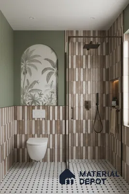 Modern bathroom with vertical striped brown wall tiles, black-and-white geometric floor tiles, and tropical accent niche | Material Depot
