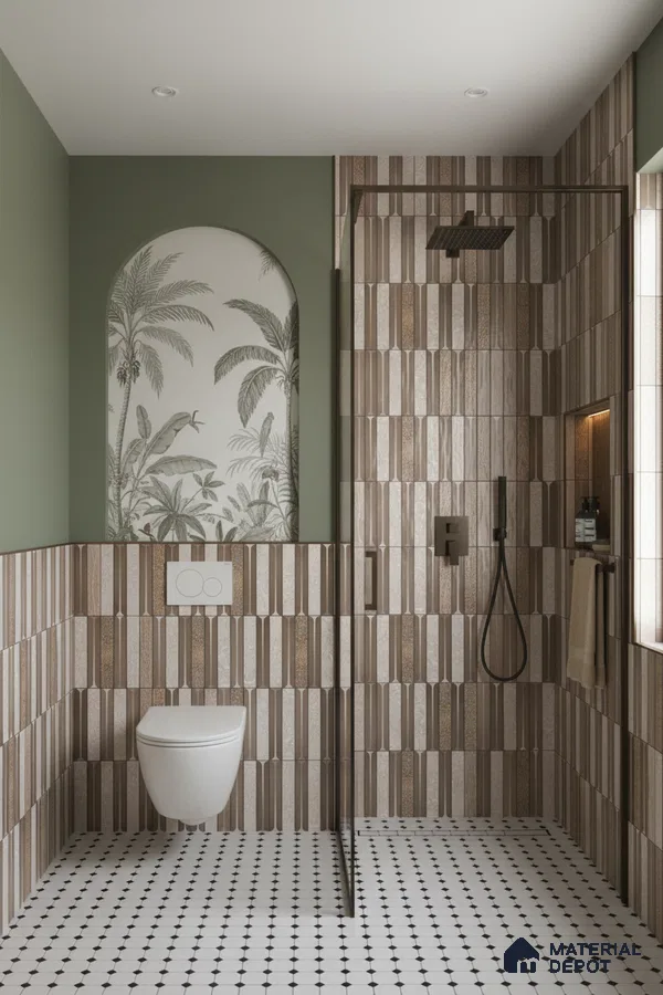 Modern bathroom with vertical striped brown wall tiles, black-and-white geometric floor tiles, and tropical accent niche | Material Depot