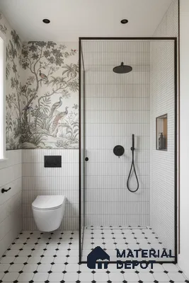 Modern bathroom with vertical white kitkat wall tiles, black-and-white geometric floor tiles, and chinoiserie wallpaper accent | Material Depot