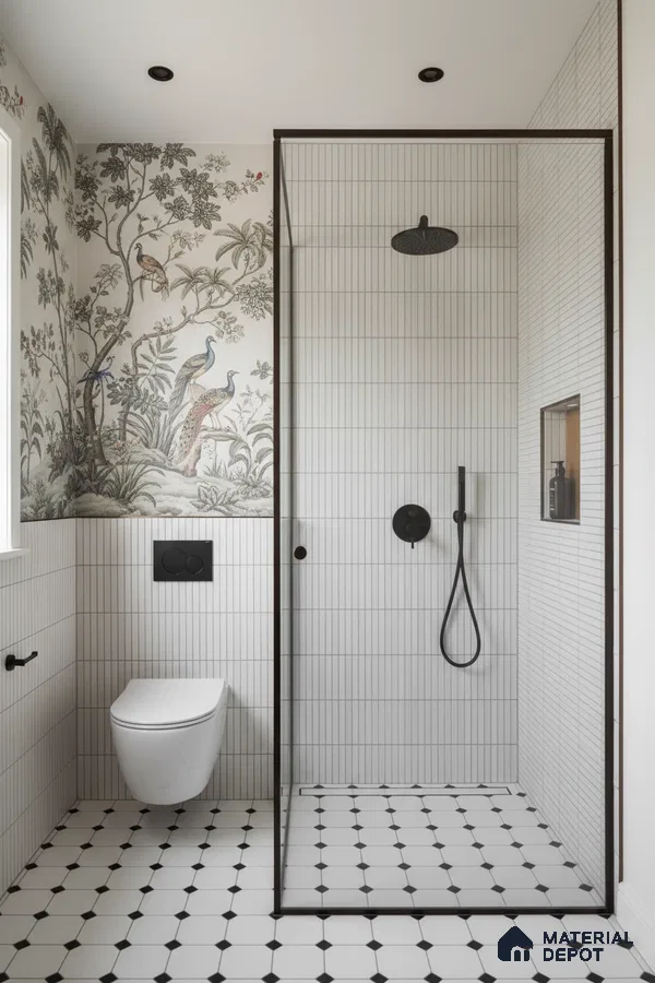 Modern bathroom with vertical white kitkat wall tiles, black-and-white geometric floor tiles, and chinoiserie wallpaper accent | Material Depot