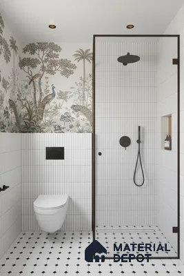Modern bathroom with vertical white kitkat wall tiles, chinoiserie wallpaper, and black-and-white geometric floor tiles | Material Depot
