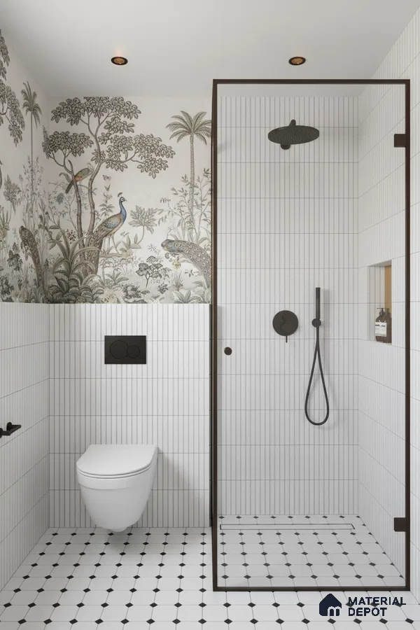 Modern bathroom with vertical white kitkat wall tiles, chinoiserie wallpaper, and black-and-white geometric floor tiles | Material Depot