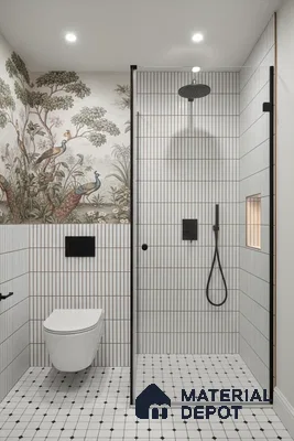 Modern bathroom with vertical white kitkat wall tiles, chinoiserie wallpaper, and geometric black-and-white floor tiles | Material Depot