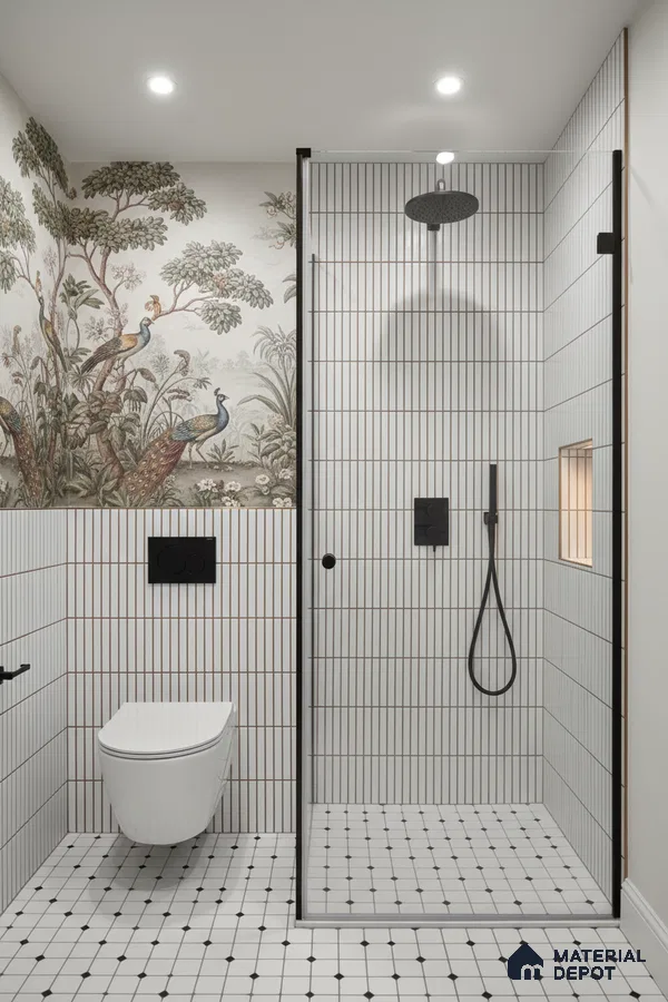 Modern bathroom with vertical white kitkat wall tiles, chinoiserie wallpaper, and geometric black-and-white floor tiles | Material Depot