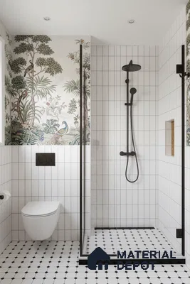 Modern bathroom with vertical white subway wall tiles, chinoiserie wallpaper, and black-and-white geometric floor tiles | Material Depot
