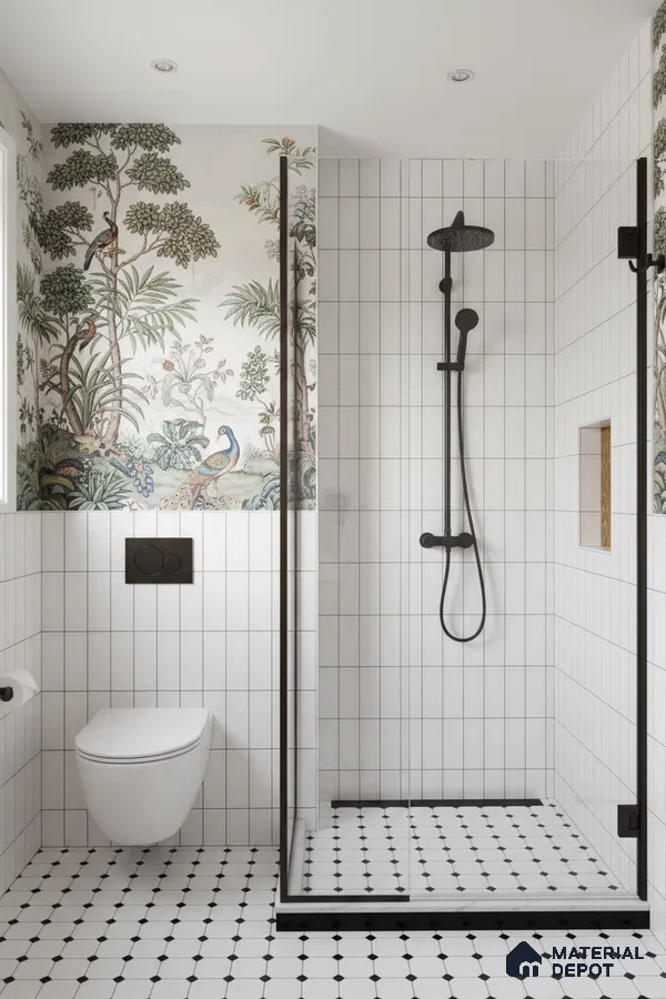 Modern bathroom with vertical white subway wall tiles, chinoiserie wallpaper, and black-and-white geometric floor tiles | Material Depot