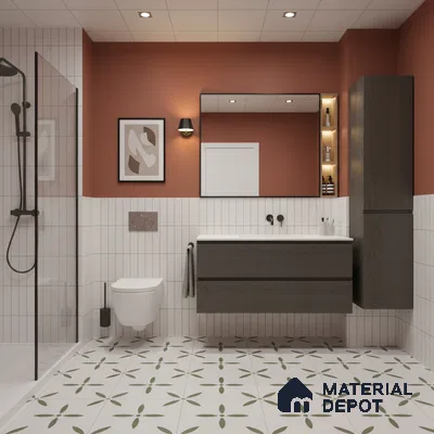 Modern bathroom with vertical white subway wall tiles, terracotta paint, and olive green patterned floor tiles | Material Depot