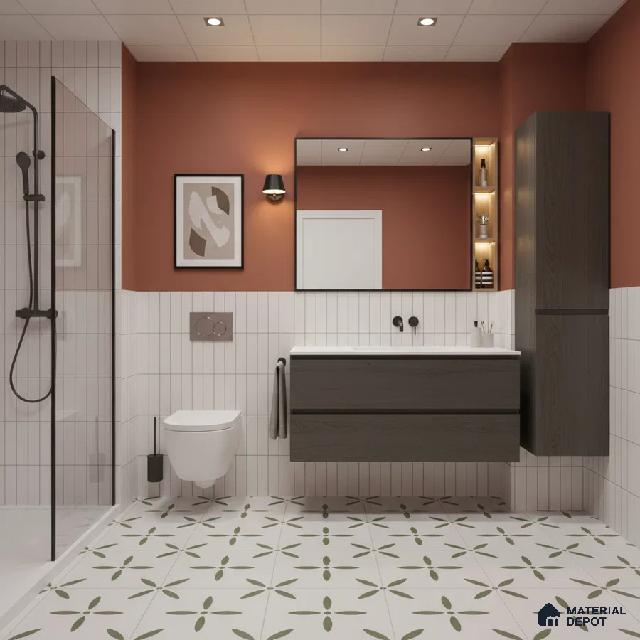 Modern bathroom with vertical white subway wall tiles, terracotta paint, and olive green patterned floor tiles | Material Depot