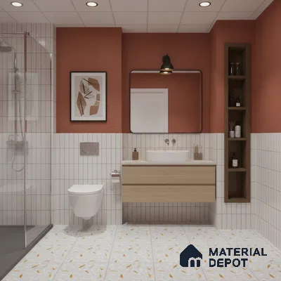 Modern bathroom with vertical white subway wall tiles, terrazzo floor tiles, and light wood floating vanity | Material Depot