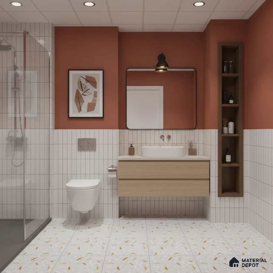 Modern bathroom with vertical white subway wall tiles, terrazzo floor tiles, and light wood floating vanity | Material Depot