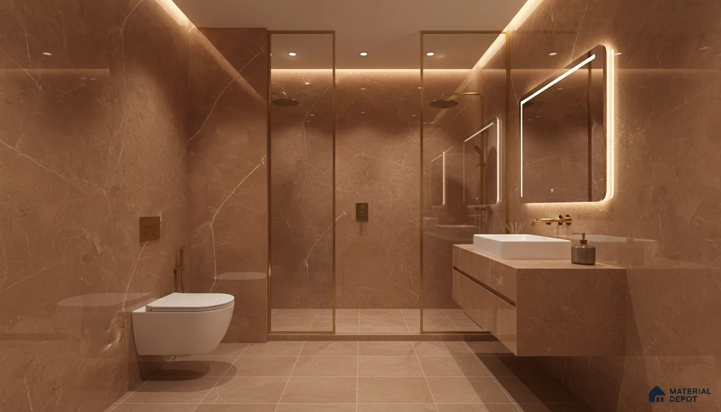 Modern bathroom with warm beige marble-look tiles and floating vanity | Material Depot