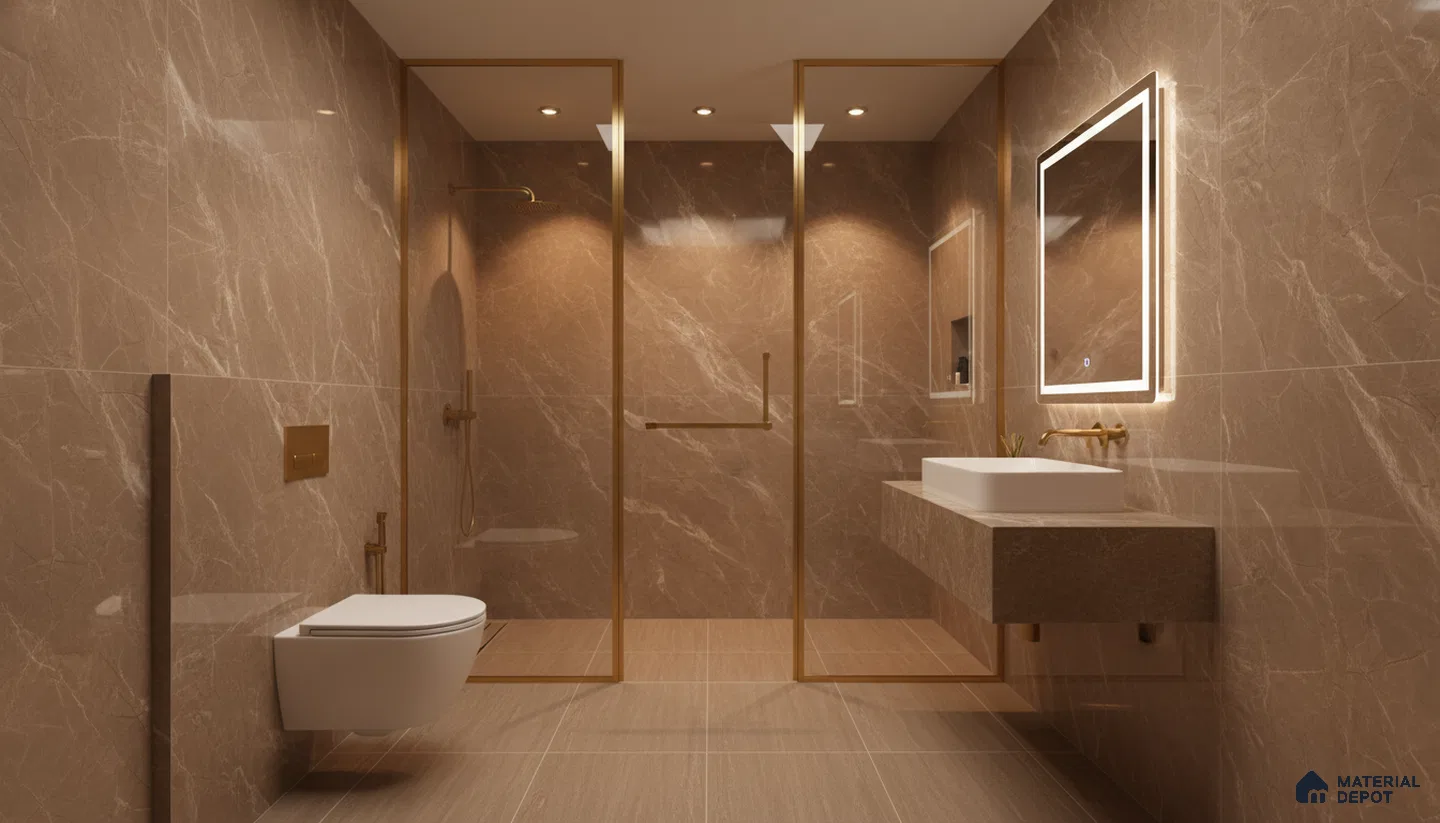 Modern bathroom with warm beige marble-look tiles and gold accents | Material Depot