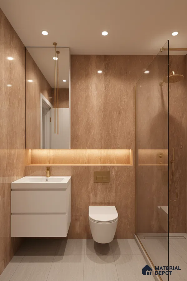 Modern bathroom with warm beige marble-look wall tiles and white floating vanity | Material Depot