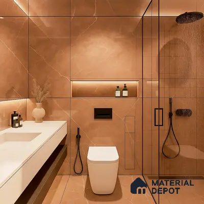 Modern Bathroom with Warm Brown Marble Tiles and Glass Shower Enclosure | Material Depot