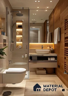 Modern Bathroom with Warm Wood Tones and Glass Shower | Material Depot