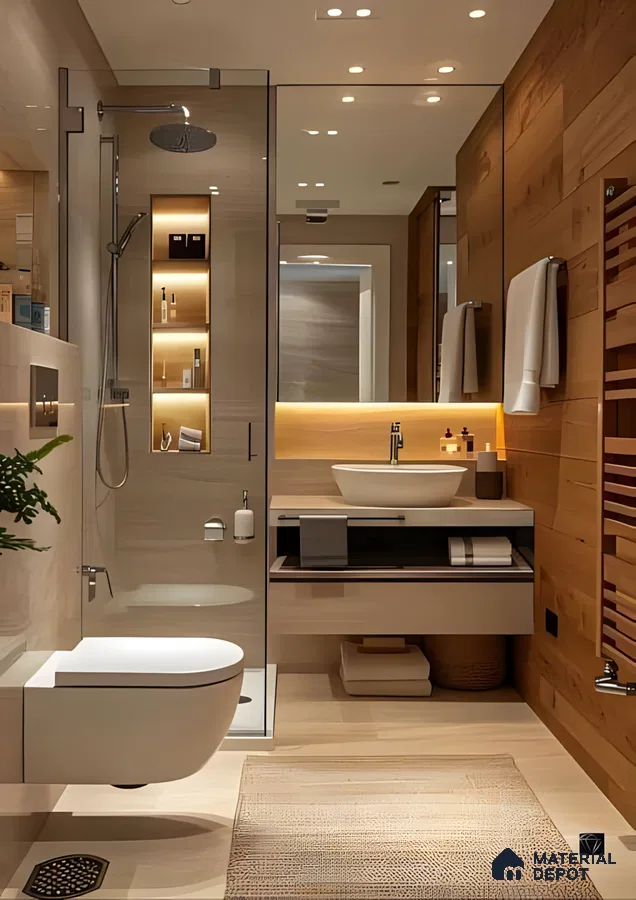 Modern Bathroom with Warm Wood Tones and Glass Shower | Material Depot