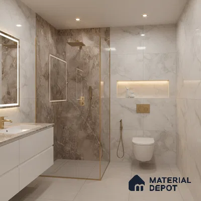 Modern bathroom with white and brown marble-look wall tiles and gold accents | Material Depot