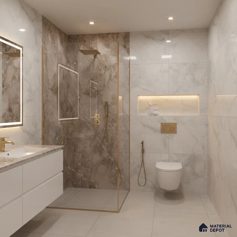 Modern bathroom with white and brown marble-look wall tiles and gold accents | Material Depot