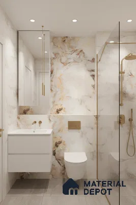 Modern bathroom with white and gold marble-look wall tiles and floating vanity | Material Depot