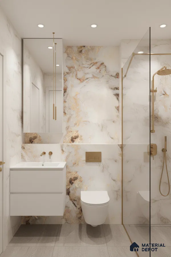Modern bathroom with white and gold marble-look wall tiles and floating vanity | Material Depot