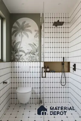 Modern bathroom with white geometric wall tiles and tropical mural accent | Material Depot