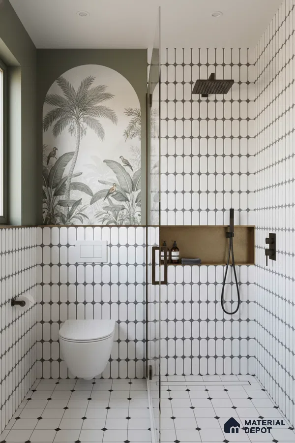 Modern bathroom with white geometric wall tiles and tropical mural accent | Material Depot