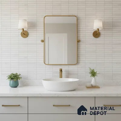 Modern bathroom with white marble countertop and linear white wall tiles