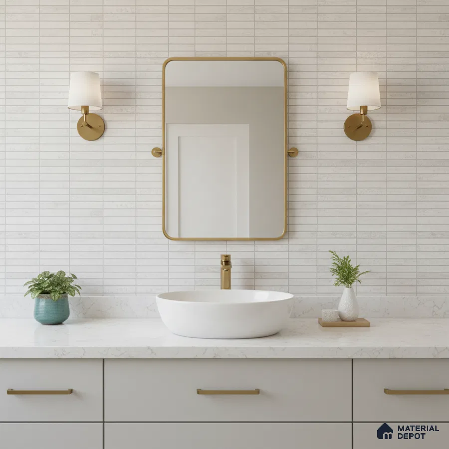 Modern bathroom with white marble countertop and linear white wall tiles