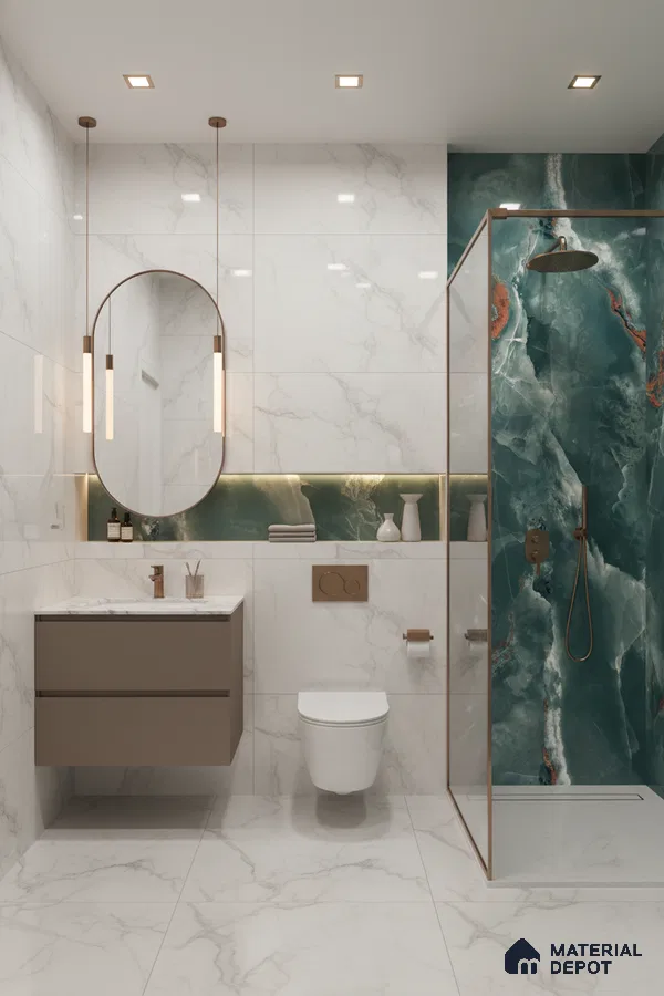 Modern bathroom with white marble look tiles and emerald green onyx highlighter shower wall | Material Depot