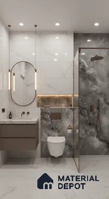 Modern bathroom with white marble look tiles and grey onyx marble highlighter wall | Material Depot