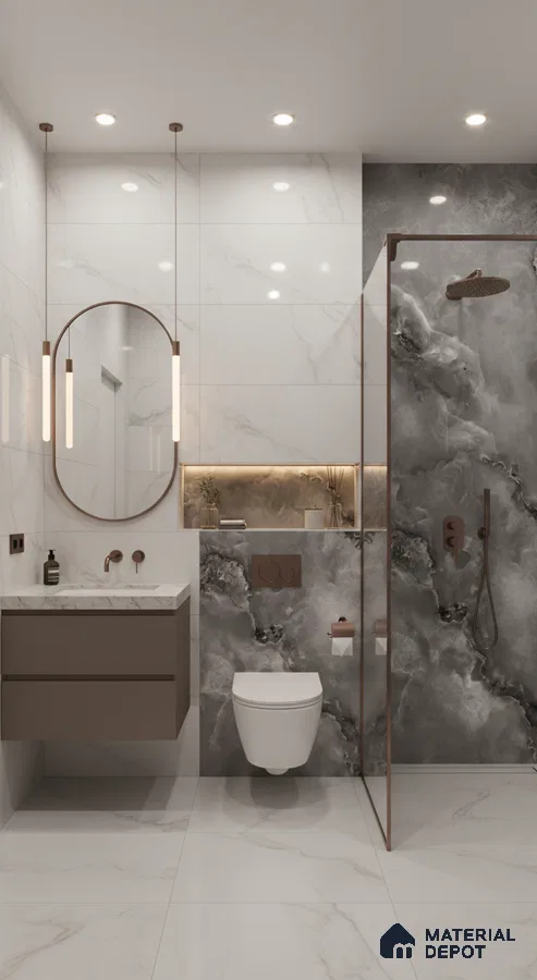 Modern bathroom with white marble look tiles and grey onyx marble highlighter wall | Material Depot