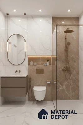 Modern bathroom with white marble look wall and floor tiles, beige marble look accent tiles, and floating vanity | Material Depot
