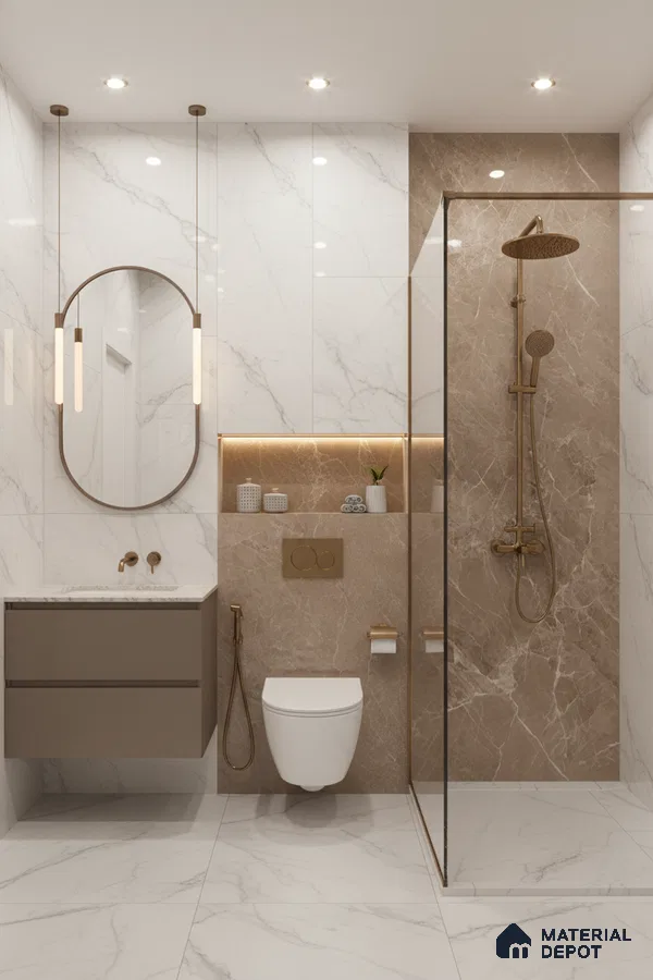 Modern bathroom with white marble look wall and floor tiles, beige marble look accent tiles, and floating vanity | Material Depot