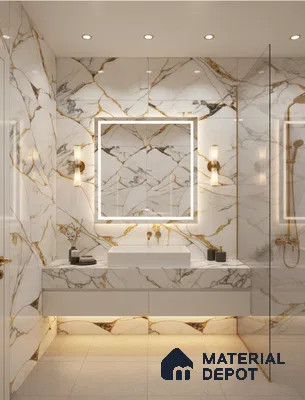 Modern bathroom with white marble look wall tiles and gold veins, floating vanity, and backlit mirror | Material Depot