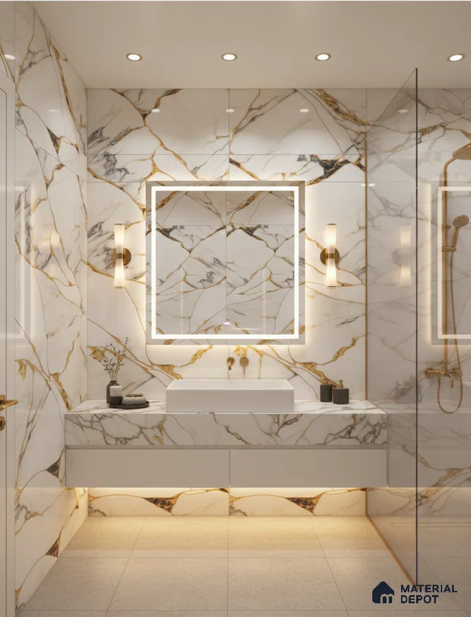Modern bathroom with white marble look wall tiles and gold veins, floating vanity, and backlit mirror | Material Depot