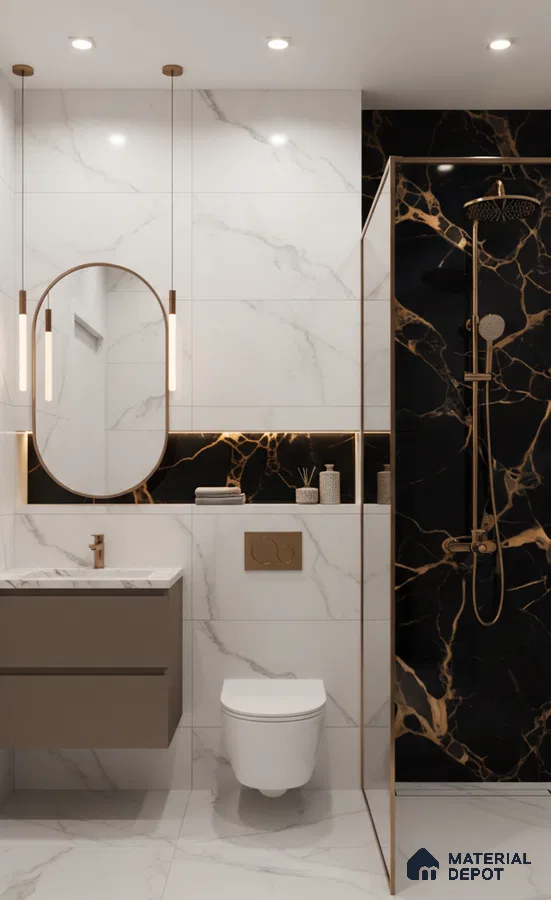 Modern bathroom with white marble look wall tiles, black marble highlighter shower wall, and gold accents | Material Depot