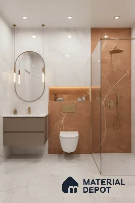 Modern bathroom with white marble wall and floor tiles, terracotta marble highlighter wall tiles, and gold fixtures | Material Depot