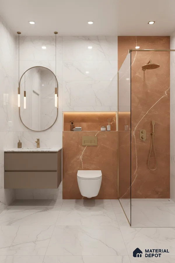 Modern bathroom with white marble wall and floor tiles, terracotta marble highlighter wall tiles, and gold fixtures | Material Depot