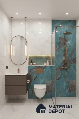 Modern bathroom with white marble wall tiles and blue marble highlighter tiles | Material Depot
