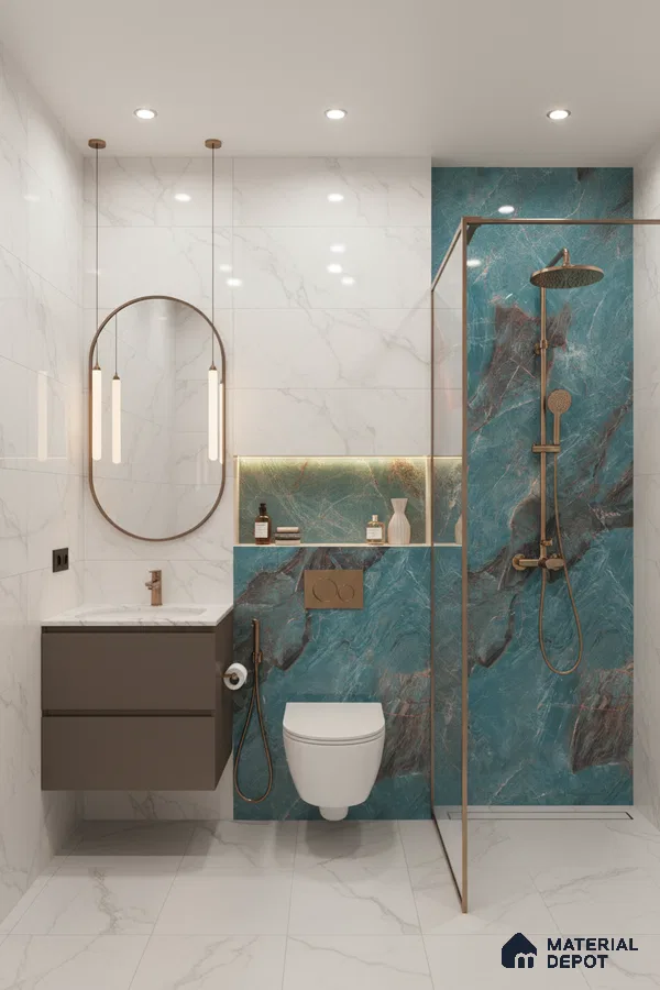 Modern bathroom with white marble wall tiles and blue marble highlighter tiles | Material Depot