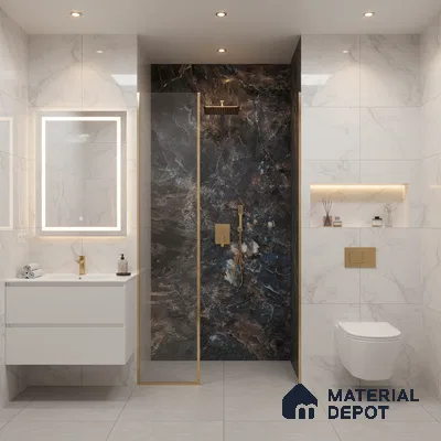 Modern bathroom with white marble wall tiles and dark marble highlighter shower wall | Material Depot