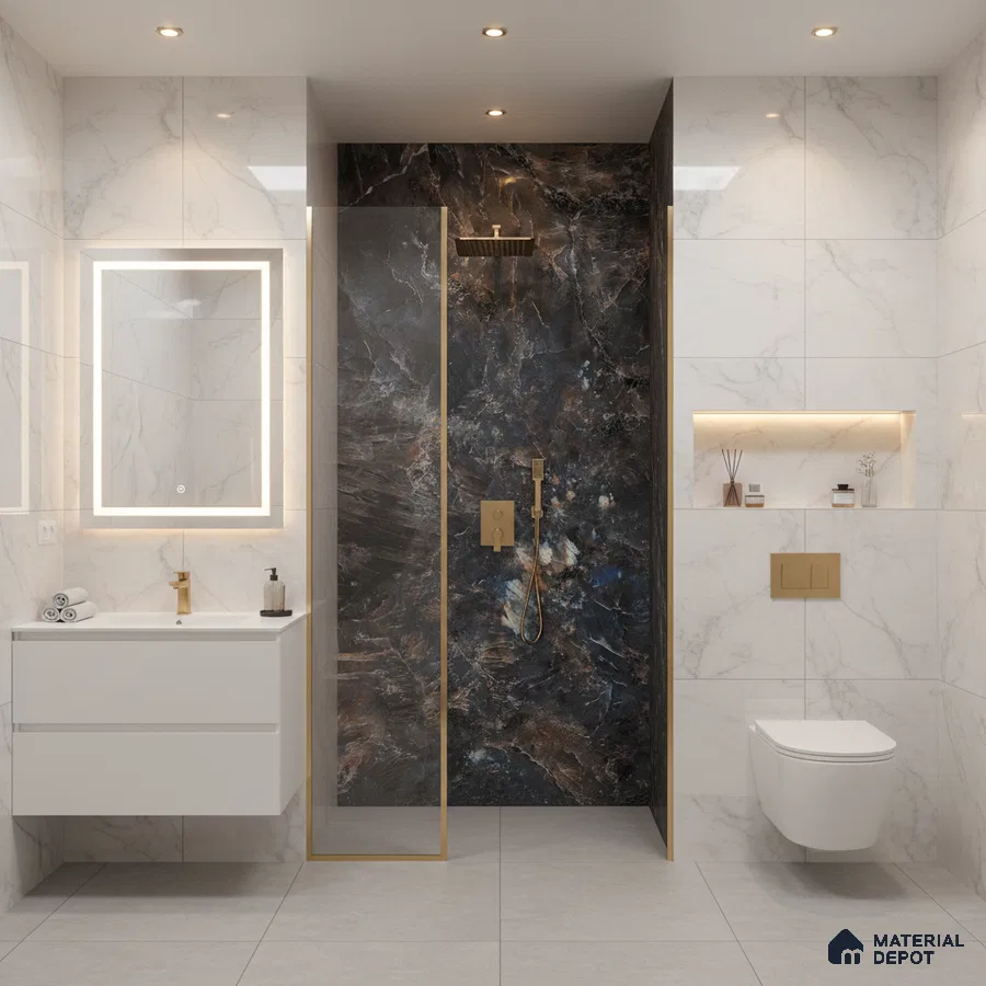 Modern bathroom with white marble wall tiles and dark marble highlighter shower wall | Material Depot