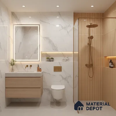 Modern bathroom with white marble wall tiles, beige fluted wall tiles, and light wood floating vanity | Material Depot