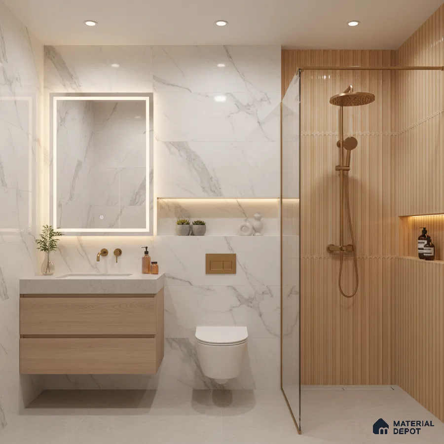Modern bathroom with white marble wall tiles, beige fluted wall tiles, and light wood floating vanity | Material Depot
