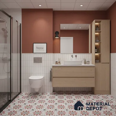 Modern bathroom with white marble wall tiles, beige fluted wall tiles, and light wood floating vanity | Material Depot