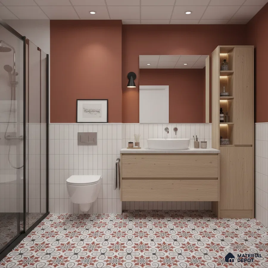 Modern bathroom with white marble wall tiles, beige fluted wall tiles, and light wood floating vanity | Material Depot
